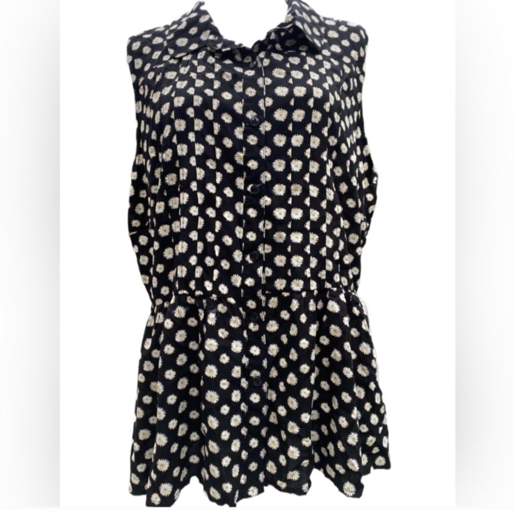 American Rag Cei Black Daisy Print Sleeveless Button Front Top Blouse Women's P